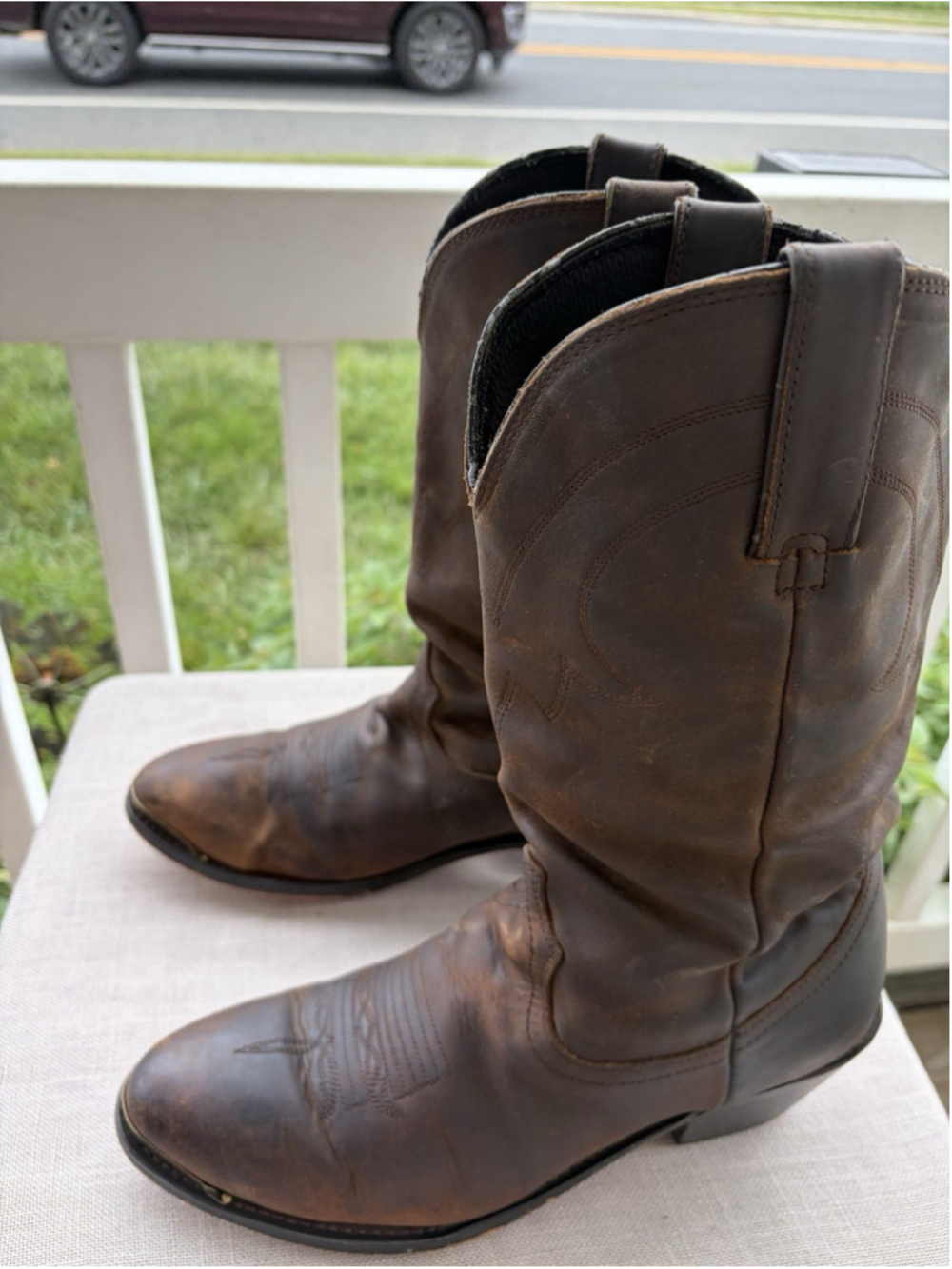 Brown Leather Western Cowboy Boots Women 7M Distressed Square Toe Pull On